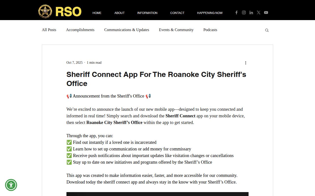 Roanoke City Sheriff Connect current incarceration check for same-day release verification
